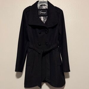 GUESS Black Charcoal Double-Breasted Belted Trench Coat